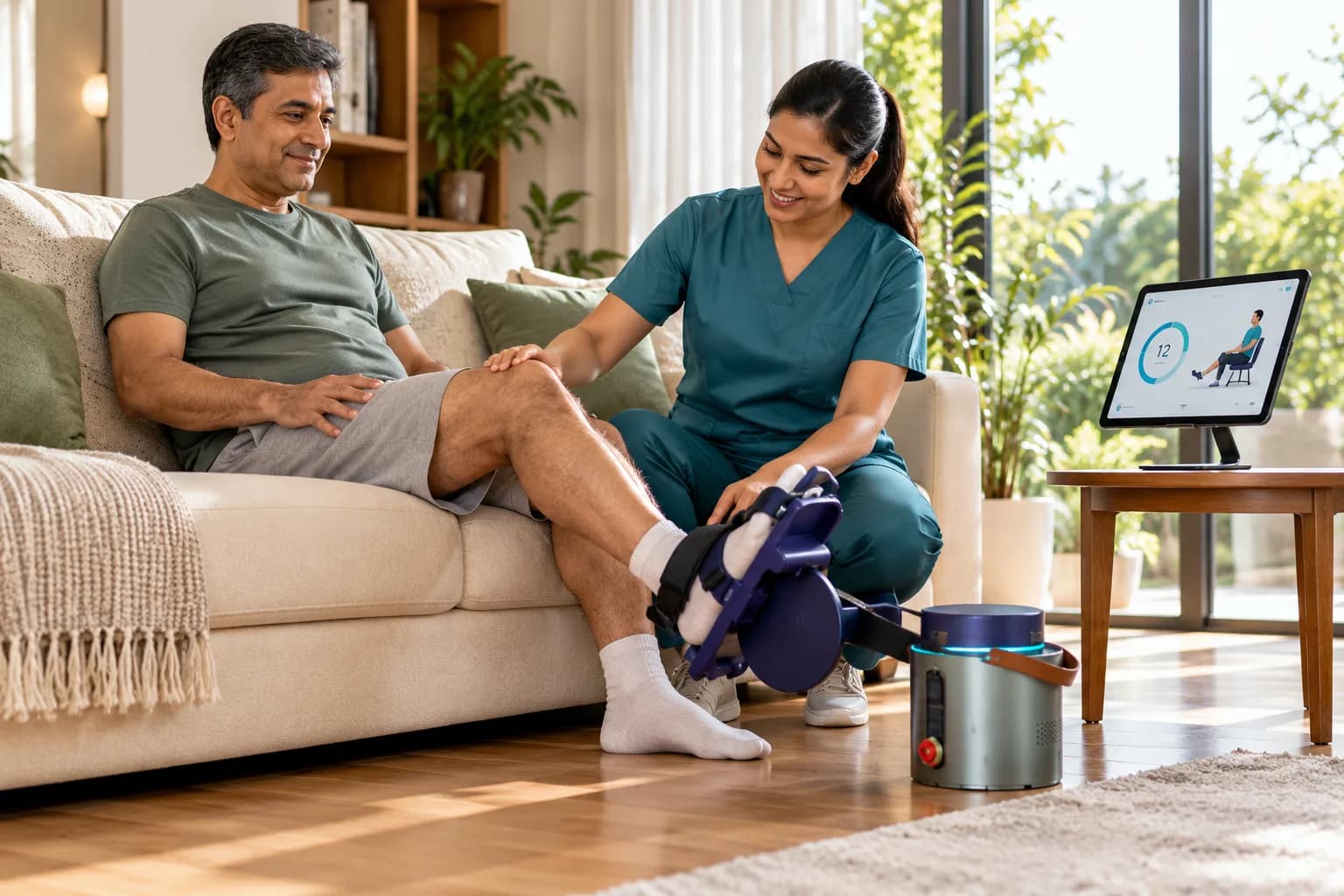A physiotherapist guiding a man through knee rehabilitation on the Ryzback device